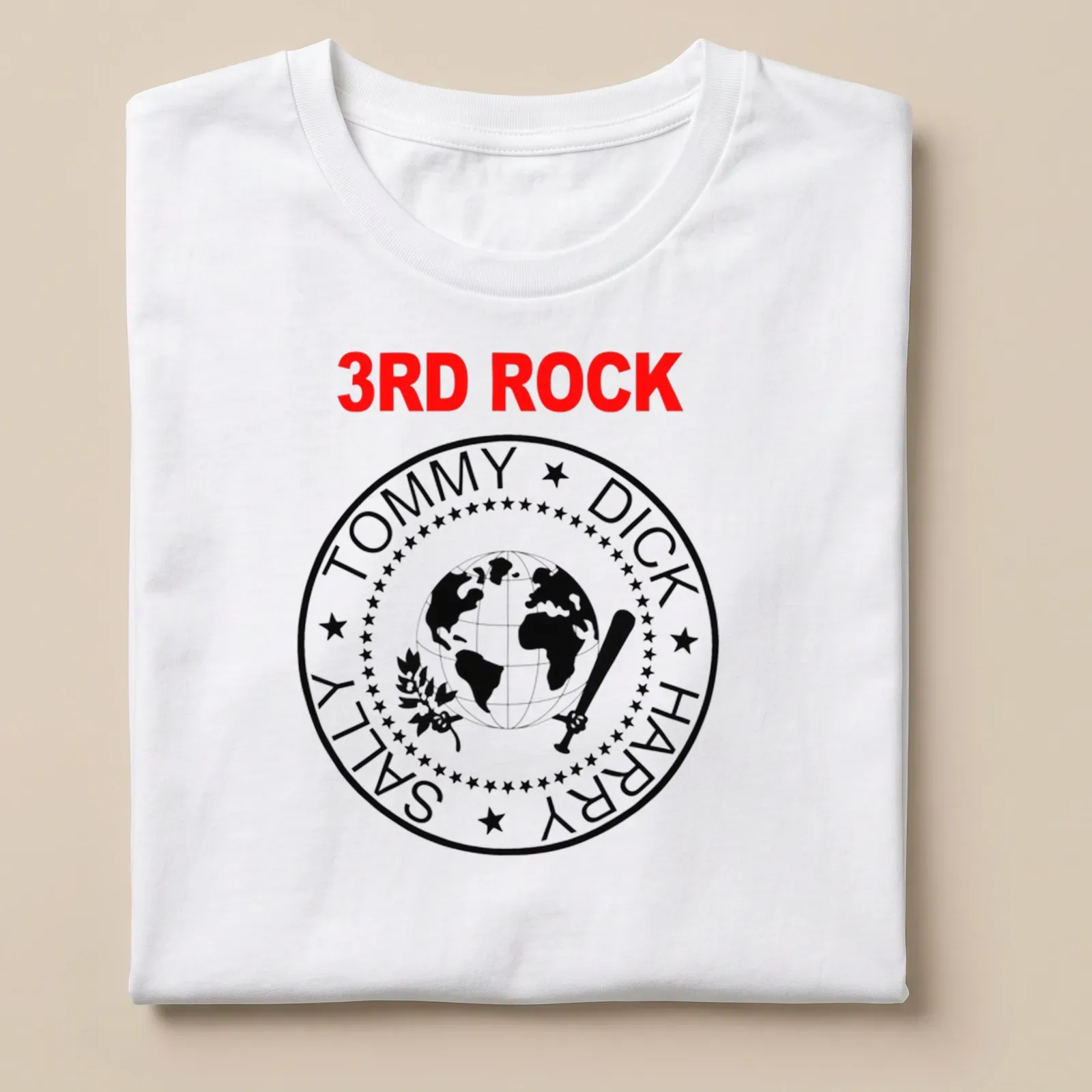Bold graphic T-shirt featuring a globe, bat, and stars with humorous text. — printed on a unisex t-shirt