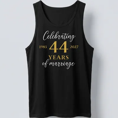 Elegant tee celebrating 44 years of marriage with modern typography in gold and white. — printed on a tank top