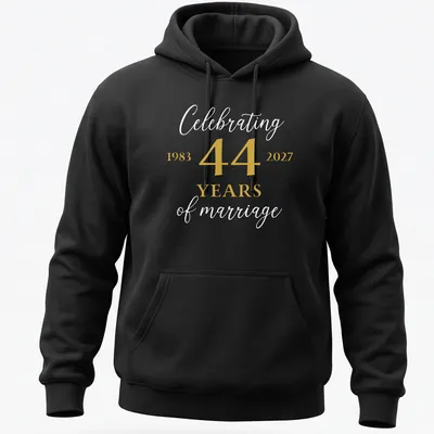 Elegant tee celebrating 44 years of marriage with modern typography in gold and white. — printed on a unisex hoodie