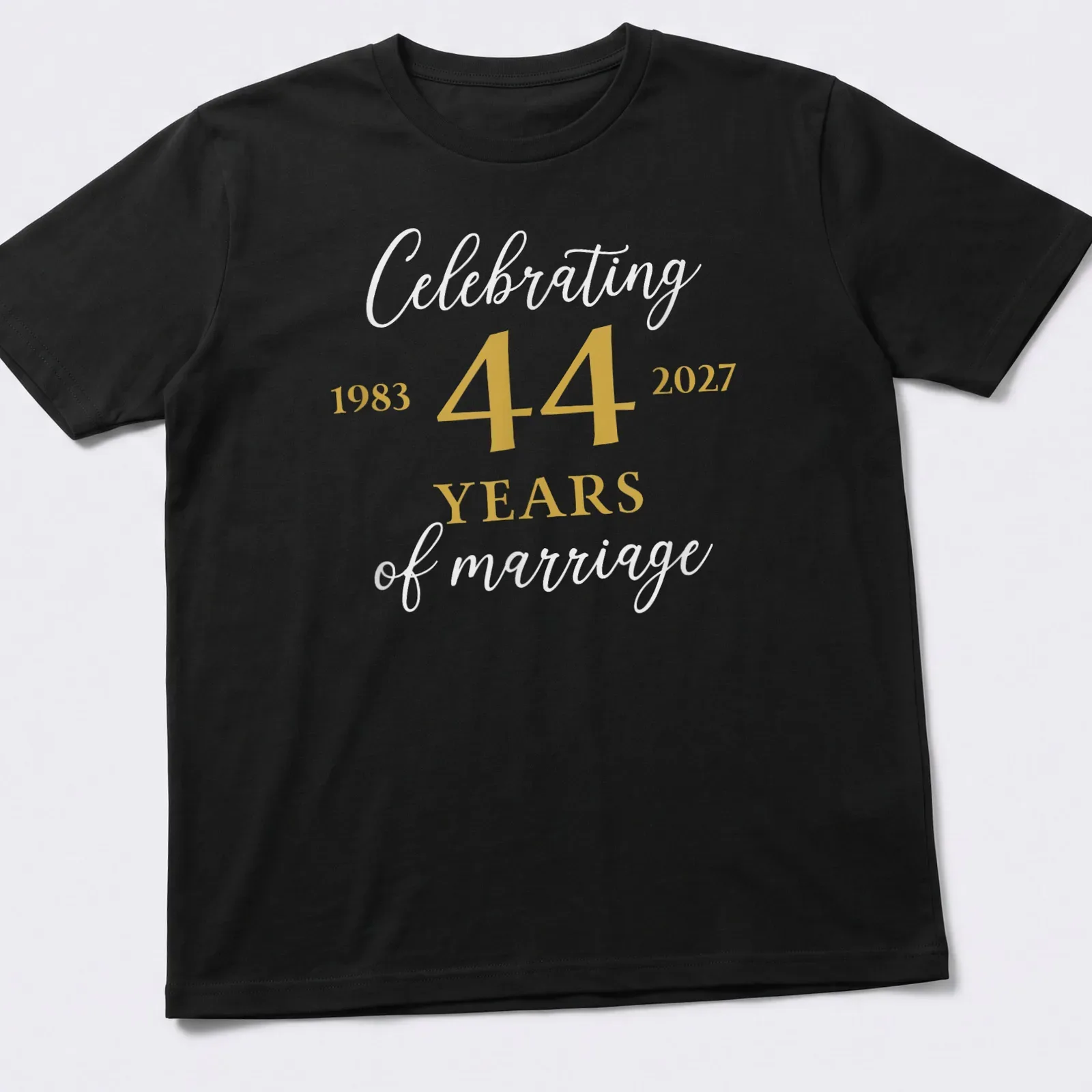 Elegant tee celebrating 44 years of marriage with modern typography in gold and white. — printed on a unisex t-shirt