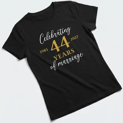 Elegant tee celebrating 44 years of marriage with modern typography in gold and white. — printed on a women's shirt