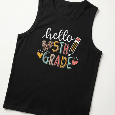 Colorful typography T-shirt with 'hello ❤️ 5TH GRADE' for teachers — printed on a tank top