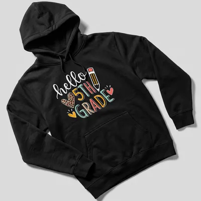 Colorful typography T-shirt with 'hello ❤️ 5TH GRADE' for teachers — printed on a unisex hoodie