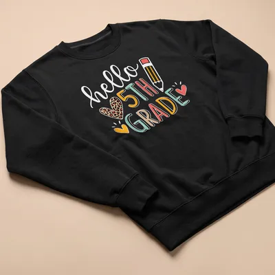 Colorful typography T-shirt with 'hello ❤️ 5TH GRADE' for teachers — printed on a unisex sweatshirt