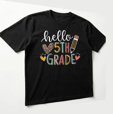 Colorful typography T-shirt with 'hello ❤️ 5TH GRADE' for teachers — printed on a unisex t-shirt (angled view)