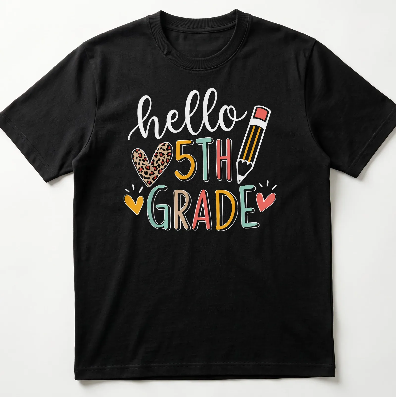 Colorful typography T-shirt with 'hello ❤️ 5TH GRADE' for teachers — printed on a unisex t-shirt
