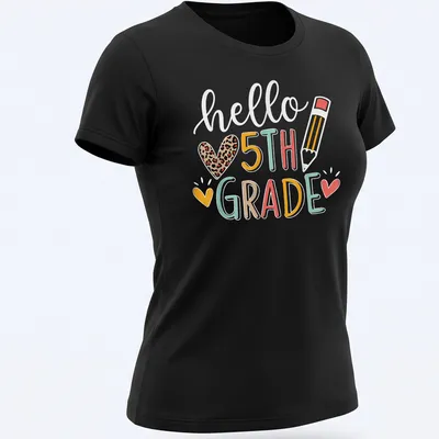 Colorful typography T-shirt with 'hello ❤️ 5TH GRADE' for teachers — printed on a women's shirt