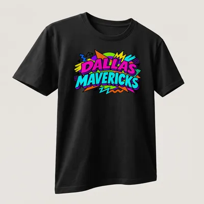 90s Retro Dallas Mavericks logo t-shirt in vibrant colors — printed on a unisex t-shirt (angled view)