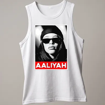Monochrome portrait of Aaliyah with text in black, white, and red — printed on a tank top