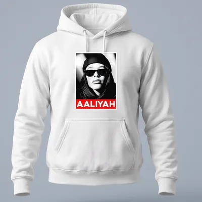 Monochrome portrait of Aaliyah with text in black, white, and red — printed on a unisex hoodie