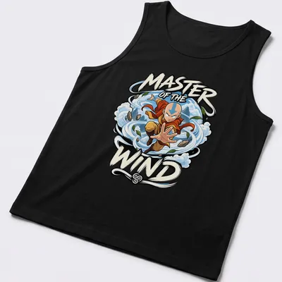 Cartoon design of Aang from Avatar with text 'MASTER OF THE WIND' — printed on a tank top