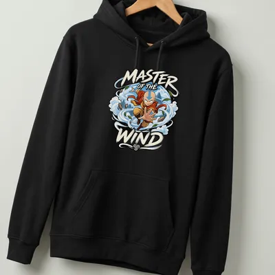 Cartoon design of Aang from Avatar with text 'MASTER OF THE WIND' — printed on a unisex hoodie