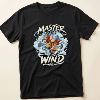 Cartoon design of Aang from Avatar with text 'MASTER OF THE WIND'