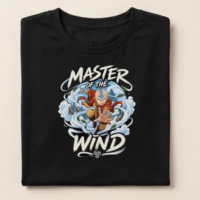 Cartoon design of Aang from Avatar with text 'MASTER OF THE WIND' — printed on a women's shirt