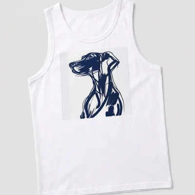 Abstract blue and white dog portrait in a bold illustration style — printed on a tank top
