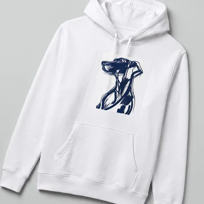 Abstract blue and white dog portrait in a bold illustration style — printed on a unisex hoodie
