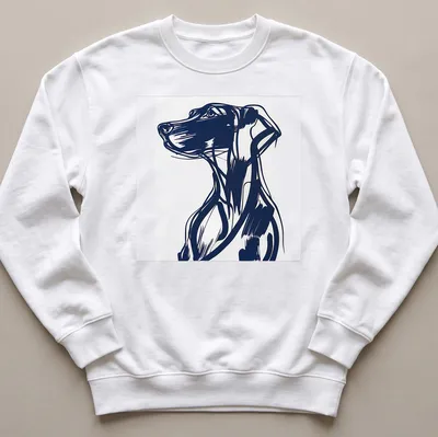 Abstract blue and white dog portrait in a bold illustration style — printed on a unisex sweatshirt