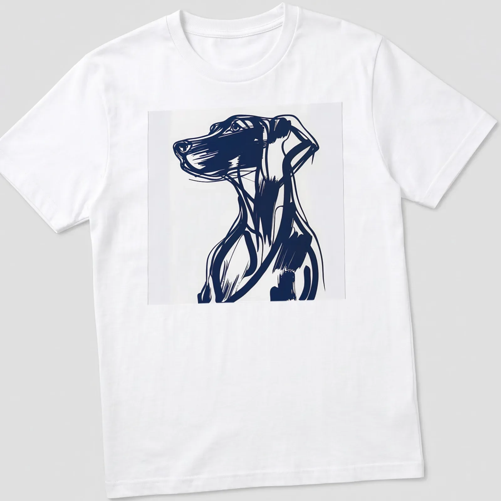Abstract blue and white dog portrait in a bold illustration style — printed on a unisex t-shirt