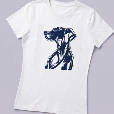 Abstract blue and white dog portrait in a bold illustration style — printed on a women's shirt