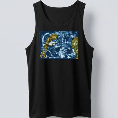 Abstract design with green figures and the word Soon in playful font. — printed on a tank top