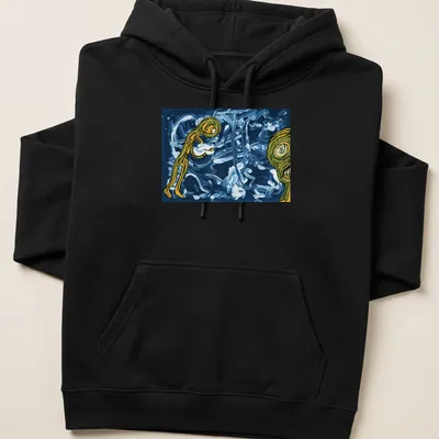 Abstract design with green figures and the word Soon in playful font. — printed on a unisex hoodie