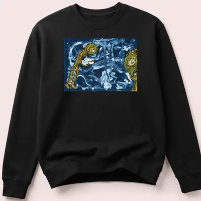 Abstract design with green figures and the word Soon in playful font. — printed on a unisex sweatshirt