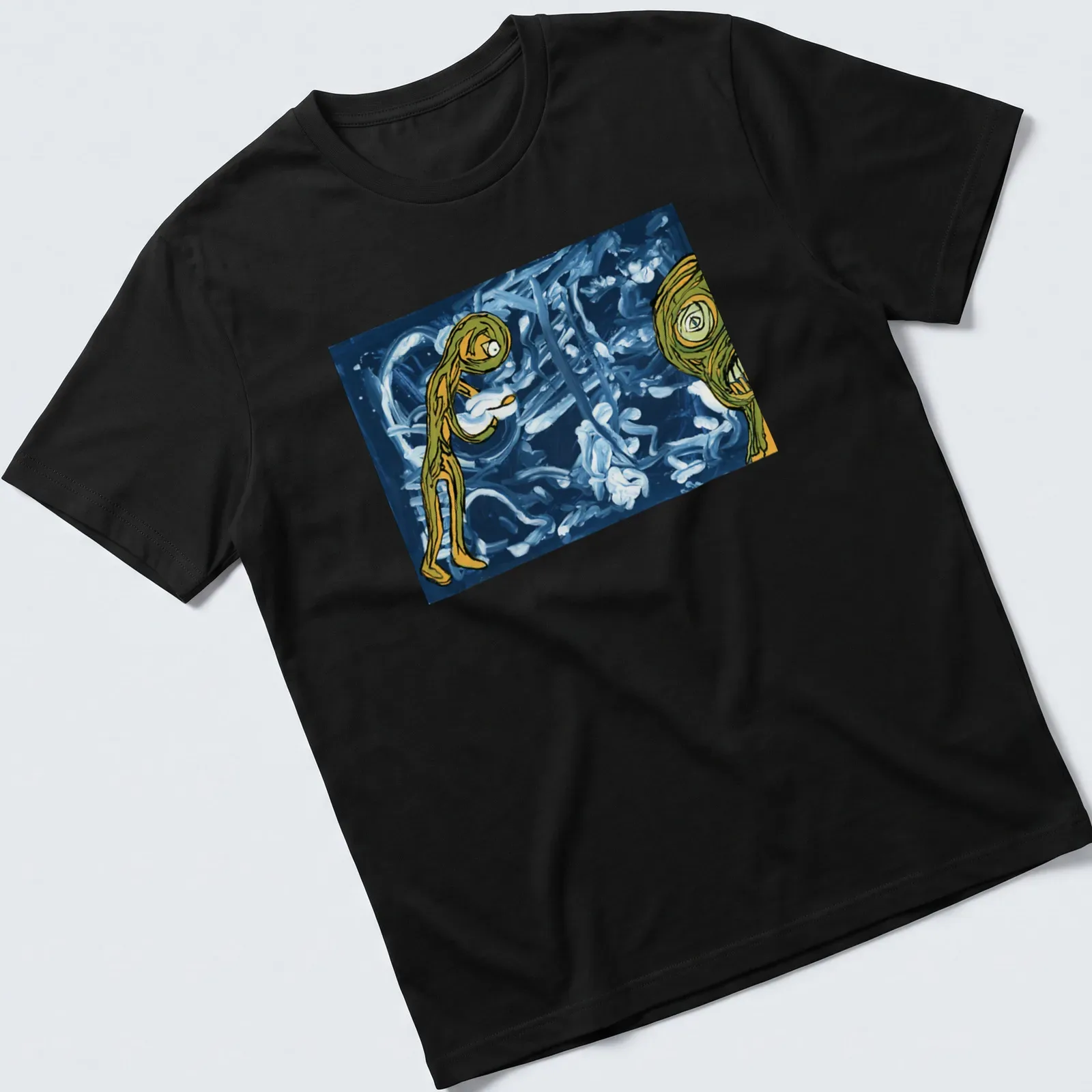 Abstract design with green figures and the word Soon in playful font. — printed on a unisex t-shirt