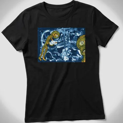 Abstract design with green figures and the word Soon in playful font. — printed on a women's shirt