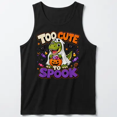 Cute T-Rex in ghost costume with 'TOO CUTE TO SPOOK' text above in vibrant colors — printed on a tank top