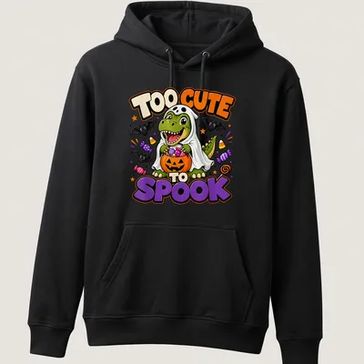 Cute T-Rex in ghost costume with 'TOO CUTE TO SPOOK' text above in vibrant colors — printed on a unisex hoodie