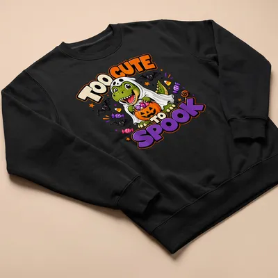 Cute T-Rex in ghost costume with 'TOO CUTE TO SPOOK' text above in vibrant colors — printed on a unisex sweatshirt