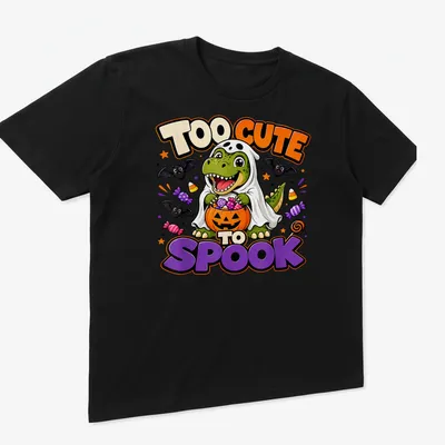 Cute T-Rex in ghost costume with 'TOO CUTE TO SPOOK' text above in vibrant colors — printed on a unisex t-shirt (angled view)