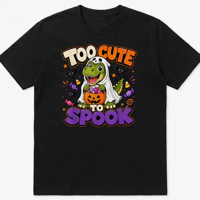 Cute T-Rex in ghost costume with 'TOO CUTE TO SPOOK' text above in vibrant colors