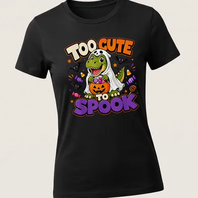Cute T-Rex in ghost costume with 'TOO CUTE TO SPOOK' text above in vibrant colors — printed on a women's shirt