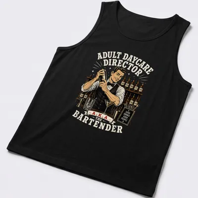 Vintage illustration shirt for bartenders with playful text about drinks and people. — printed on a tank top