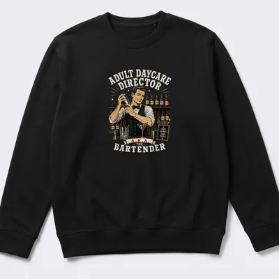 Vintage illustration shirt for bartenders with playful text about drinks and people. — printed on a unisex sweatshirt