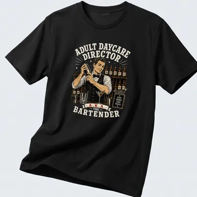Vintage illustration shirt for bartenders with playful text about drinks and people.