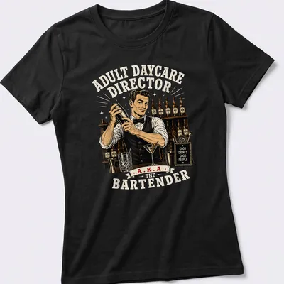 Vintage illustration shirt for bartenders with playful text about drinks and people. — printed on a women's shirt