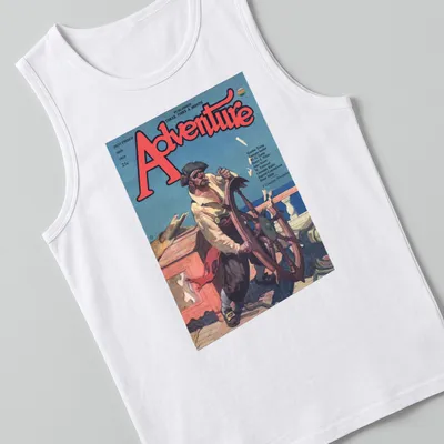Vintage illustration of a pirate at the ship's wheel on an Adventure Magazine tee. — printed on a tank top