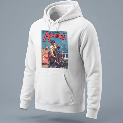 Vintage illustration of a pirate at the ship's wheel on an Adventure Magazine tee. — printed on a unisex hoodie