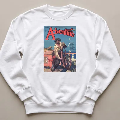 Vintage illustration of a pirate at the ship's wheel on an Adventure Magazine tee. — printed on a unisex sweatshirt