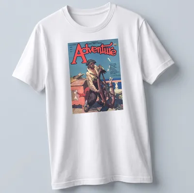 Vintage illustration of a pirate at the ship's wheel on an Adventure Magazine tee.
