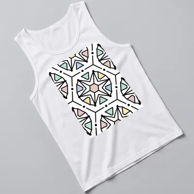 Seamless geometric pattern in black, pink, blue, green, and yellow — printed on a tank top