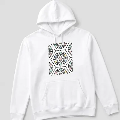 Seamless geometric pattern in black, pink, blue, green, and yellow — printed on a unisex hoodie