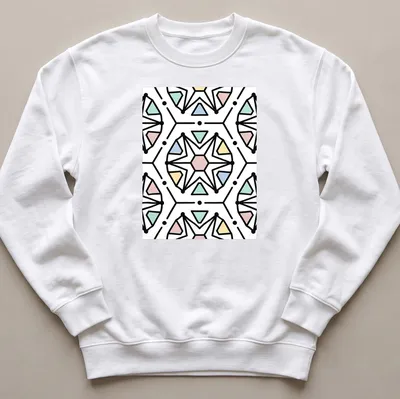 Seamless geometric pattern in black, pink, blue, green, and yellow — printed on a unisex sweatshirt
