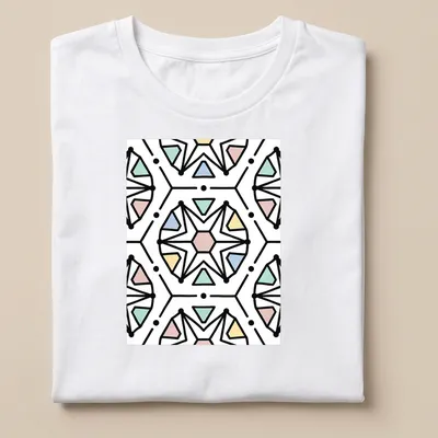 Seamless geometric pattern in black, pink, blue, green, and yellow