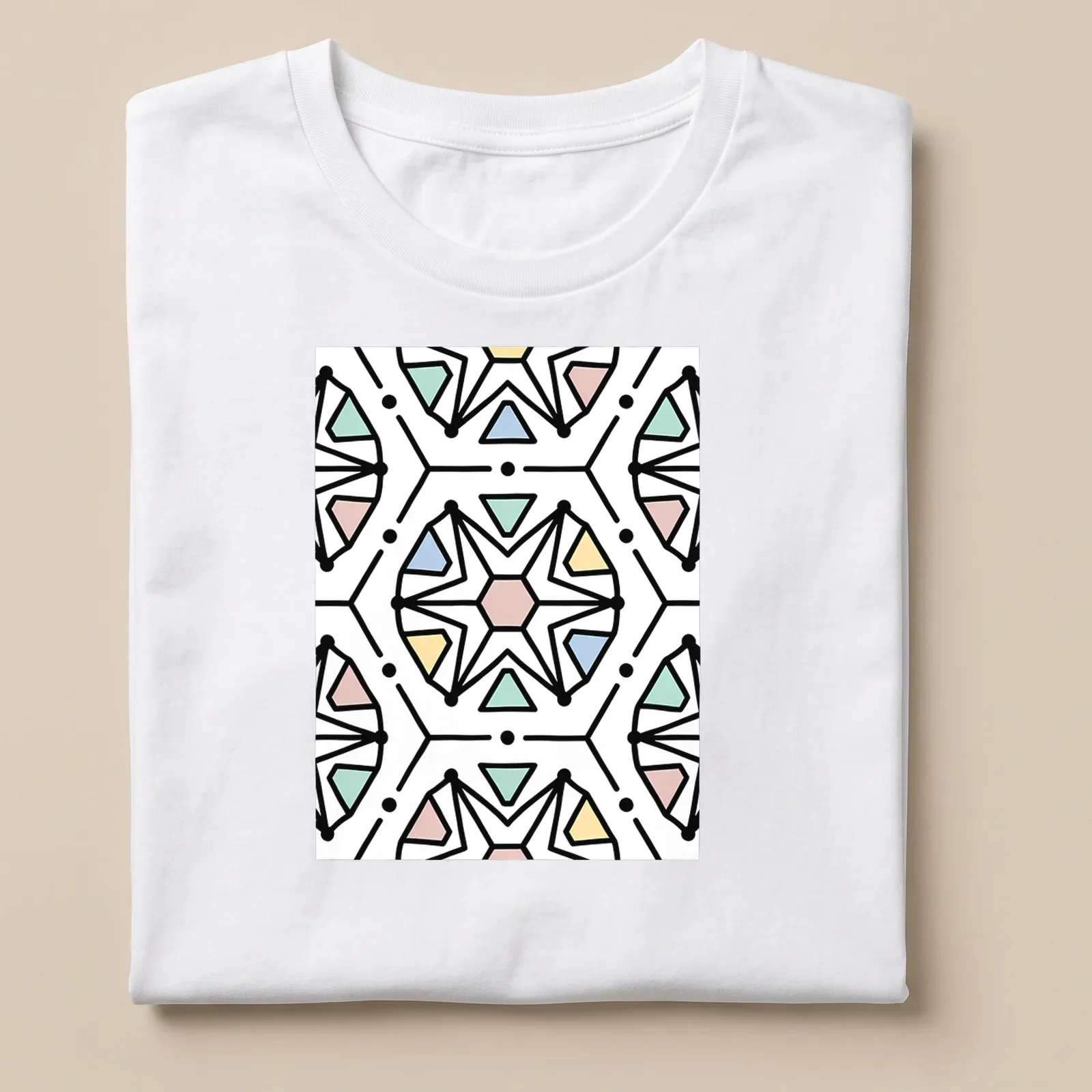 Seamless geometric pattern in black, pink, blue, green, and yellow — printed on a unisex t-shirt