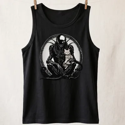 Silhouette of an alien creature with cat features in black, gray, white, and pink — printed on a tank top