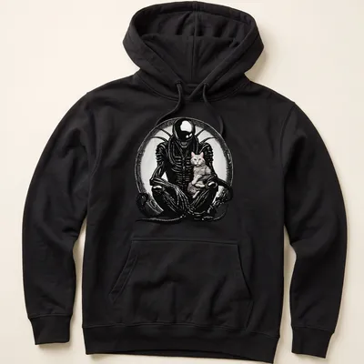 Silhouette of an alien creature with cat features in black, gray, white, and pink — printed on a unisex hoodie