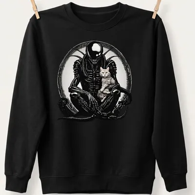 Silhouette of an alien creature with cat features in black, gray, white, and pink — printed on a unisex sweatshirt